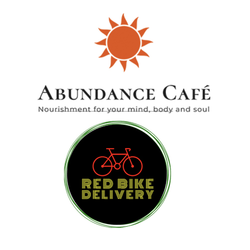 Logos for Abundance Cafe and Red Bike Delivery